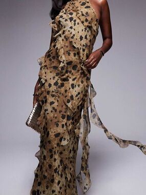 One-Shoulder Ruffled Animal Print Maxi Dress - Brown & Black